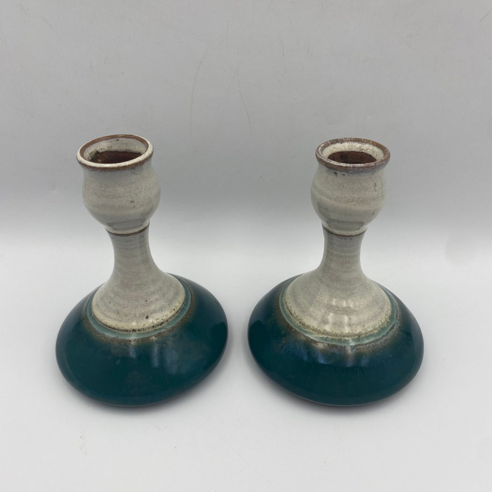 Studio Pottery Hand Signed Teal Cream Drip Glaze Candlestick Holders Set‎ of 2